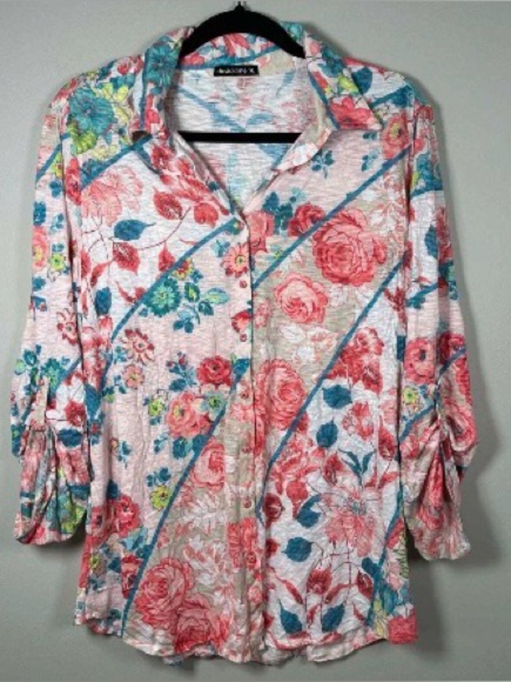 David Cline Pink Coral Blue Floral Snap Button Collared Shirt